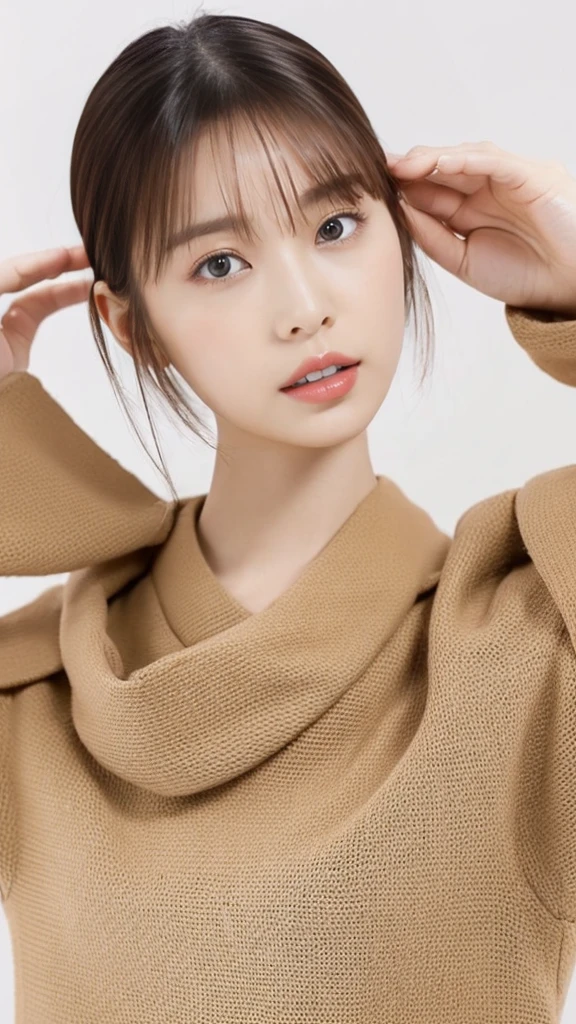 Visual blockbuster on the theme of hairstyle, Chinese girl with short hair, fashionable clothing with light hair, Chinese girl looking frontally at the camera, without makeup highlighting the texture and pores of facial skin, full color picture, close up - white solid background
