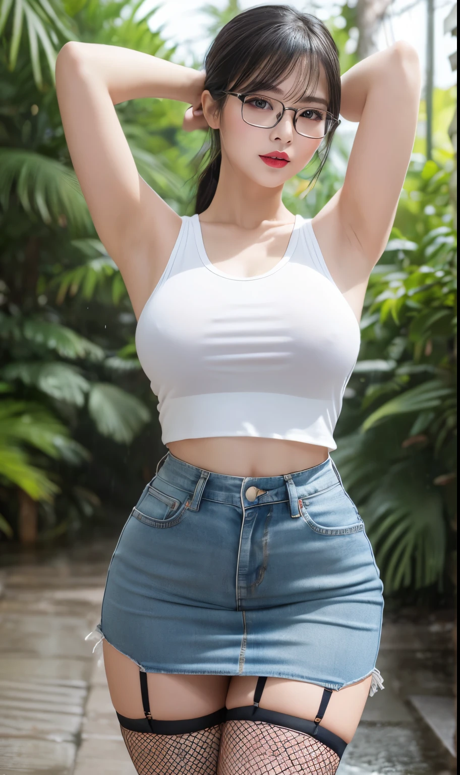 Chinese Idol Mature Woman Alluring Pheromones 40 years old ((Two blonde chignons with bangs)) Smokey makeup black mascara ((Rimless glasses)) Bright red lipstick and plump lips (White sleeveless t-shirt) Denim mini skirt garter belt Fishnet stockings Big Breasts Duck mouth Sweaty, shiny skin Clean armpits In the rain forest hands behind head pose Portrait Gravure photoshoot