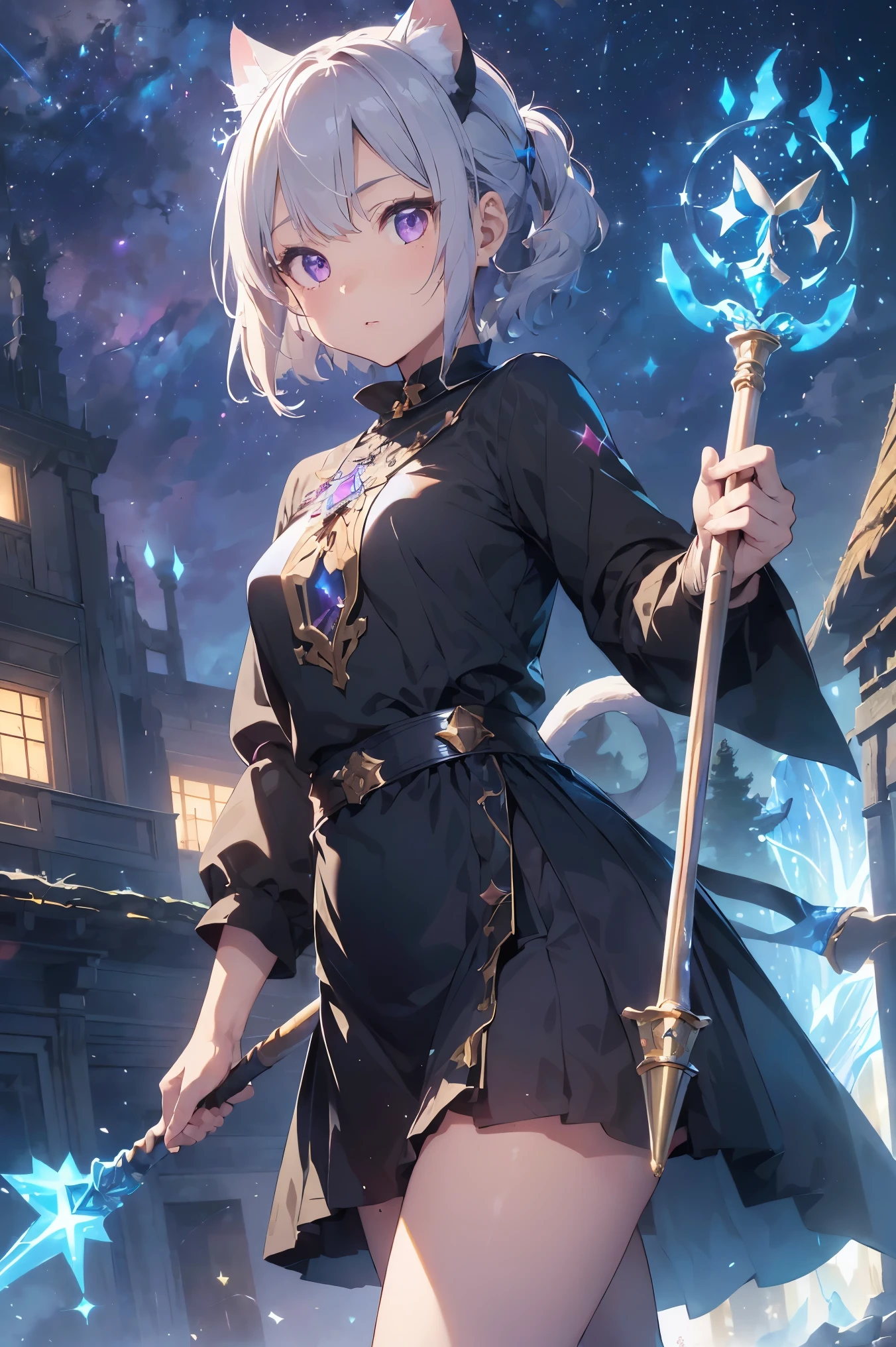 masterpiece,Highest quality,Super detailed,Highly detailed CG,High resolution,Highly detailed skin,Perfect Anatomy,Trick him?Fantastic details,Cowboy Shot,Purple eyes,lipstick,eyeliner,eye shadow,thin,Shiny skin,Medium chest,Bobcut,Silver Hair,Shiny Hair、(of Legends, Mythical Glowing Staff:1.6),(棒の先端はかわいい猫のFoot shapeをしています:1.6),(Look out for the cat-shaped stick:1.6),(Battle at the Demon Castle:1.5),The handle of the cane is smooth and fits comfortably in your hand..、There is a cat at the end of the road&#39;Foot shape.。The paw pads are covered with a soft texture..、Feels warm to the touch。At the tip of the stick、It is decorated like a cat&#39;nails.、The glow gives off a mysterious light。

The whole staff、Carved with ancient writings and magical symbols.、The design is mysterious and beautiful.。The stick is strong.、at the same time, Gives a sense of elegant energy.。Not only does it give its owner strength and protection,,、It exists as a source of wisdom and courage..。