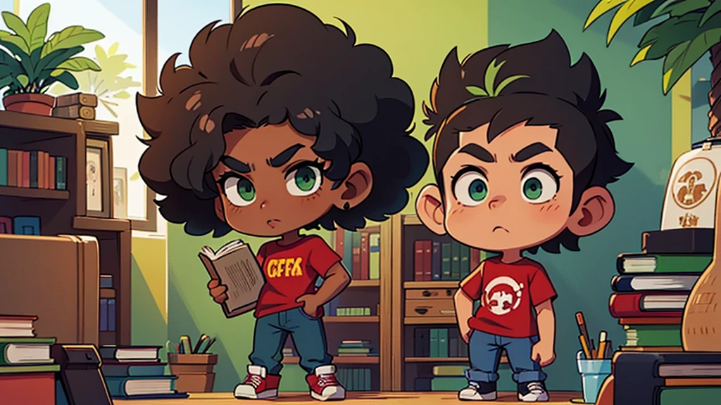 ultra hd, solo, man with a black afro hair style, rectangular face with a strong brow, full lips, green eyes, mocha skin tone, wearing a red t shirt and jeans with sneakers, standing holding a book in his hand