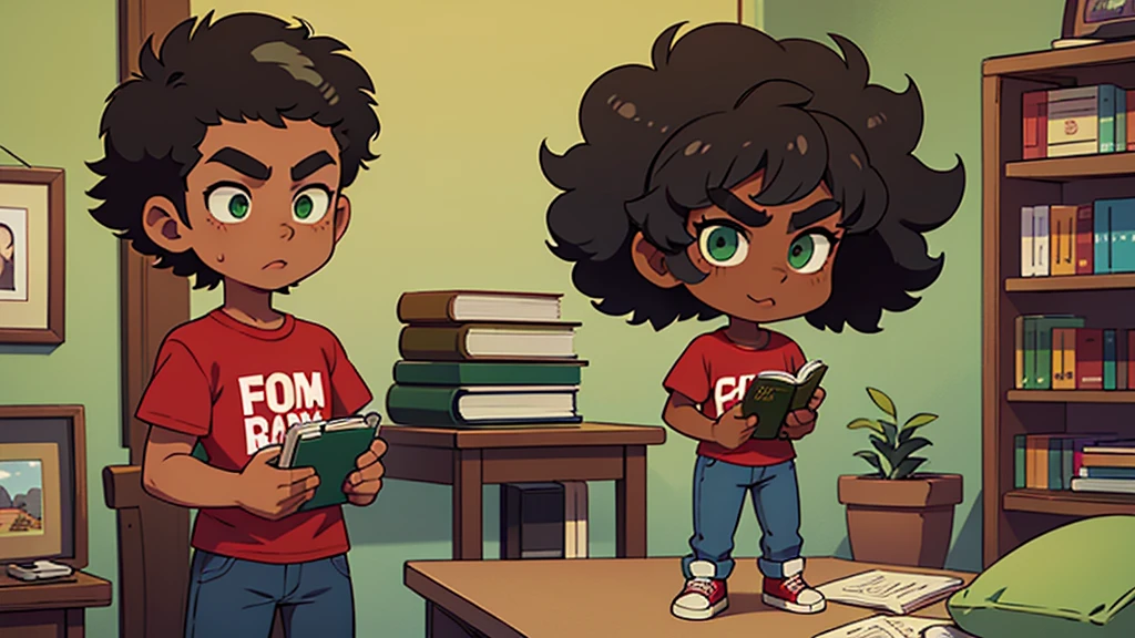 ultra hd, solo, man with a black afro hair style, rectangular face with a strong brow, full lips, green eyes, mocha skin tone, wearing a red t shirt and jeans with sneakers, standing holding a book in his hand