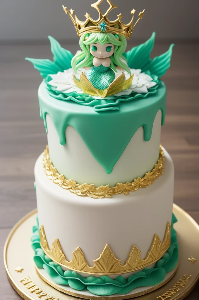 I need an image of a 3d mermaid with two tails and a crown and holding a birthday cake .. predominant colors green , white and gold