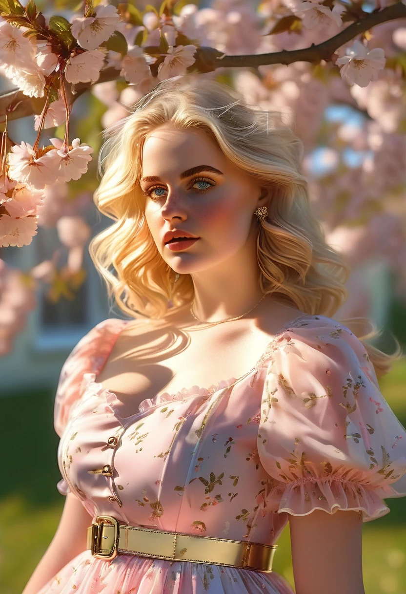 A beautiful sensual curvy blonde tween wearing a sweet Pink Contrast Mesh, Ruffle Hem, All Over cherry blossoms Print, A Line, Short puff Sleeves, Sweetheart neckline, thin gold belt with tiny heart buckle, High Waist,Flounce hem Long gown, very long curling hair, cute, sweet, town picnic, warm atmosphere, pretty, pretty lighting, 8k, octane render, detailed, detailed background, 35mm, realistic, photorealistic, perfect face, cherry blossoms barrettes in hair, freckles, risqué poses, ((American face)), American, ((Billie Eillish))