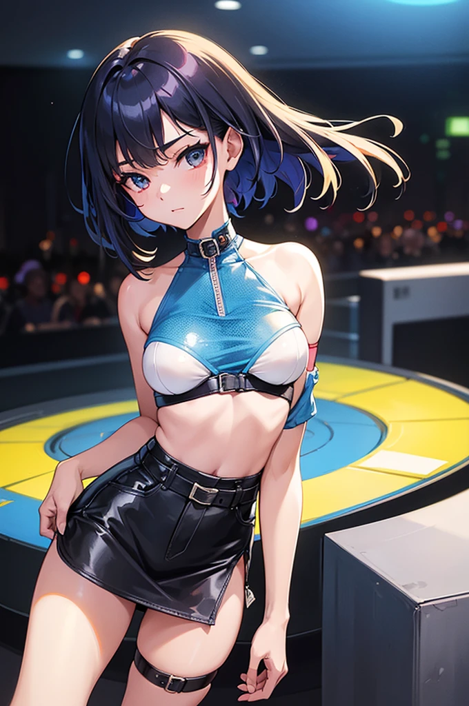 (short cute girl，small young student，young delicate girl）,（masterpiece，Top quality)，Crop Top Look，Tank top，Light blue skirt，Black Hair，stage