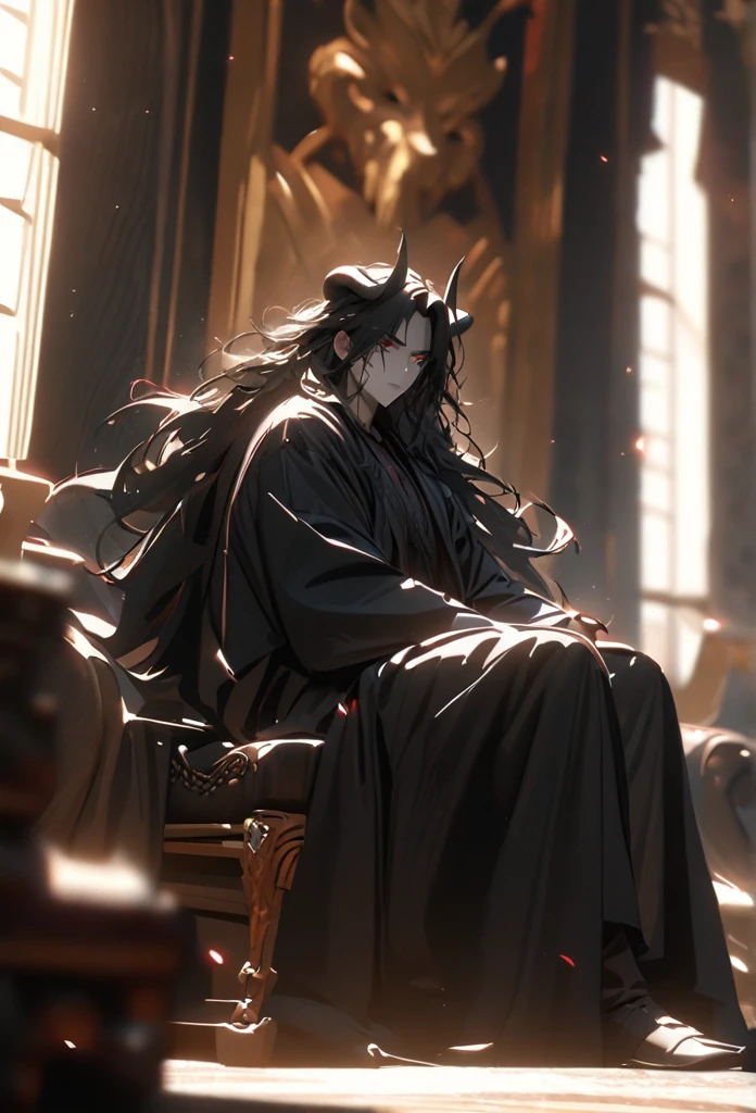 (solo), masculine, black hair, messy hair, mane hair, long hair, dense hair, wild hair, expressive hair, mature,(25 year old), pale skin, red eyes, ((man)), wearing a black robe, black demon horns,, serious, handsome, attractive, eye reflection, depth of field, thunder aura,cinematic lighting, ray tracing, depth of field, cinematic lighting, ray tracing, UHD, high details, best quality, highres, high quality, award winning, super detail, masterpiece, 8k, UHD, high details, best quality, highres, high quality, award winning, super detail, masterpiece, 8k, digital art, anime coloring, full body, body shot, good face, perfect face, detailed face, good eyes, sitting on a throne