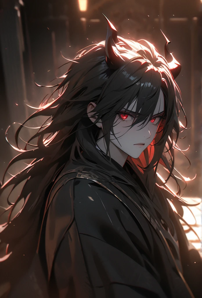 (solo), masculine, black hair, messy hair, mane hair, long hair, dense hair, wild hair, expressive hair, mature,(25 year old), pale skin, red eyes, ((man)), wearing a black robe, black demon horns,, serious, handsome, attractive, eye reflection, depth of field, thunder aura,cinematic lighting, ray tracing, depth of field, cinematic lighting, ray tracing, UHD, high details, best quality, highres, high quality, award winning, super detail, masterpiece, 8k, UHD, high details, best quality, highres, high quality, award winning, super detail, masterpiece, 8k, digital art, anime coloring, full body, body shot, good face, perfect face, detailed face, good eyes, sitting on a throne