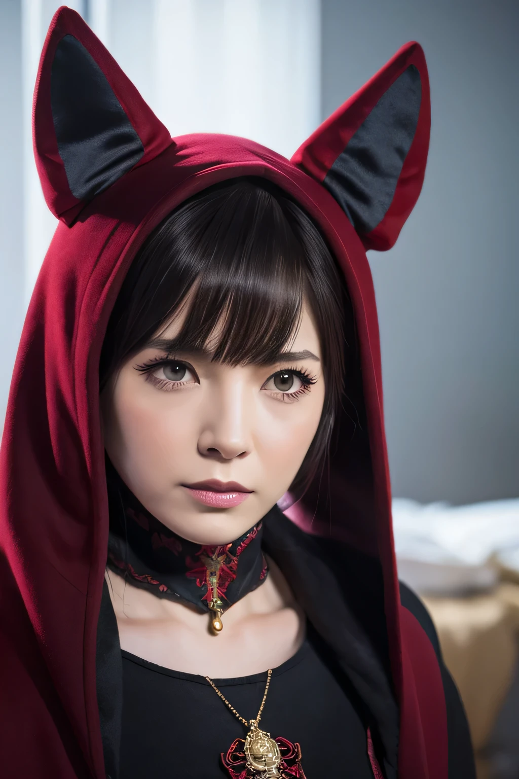 "A close-up of a woman wearing a red leather mask, very sexy devil outfit, face accessories, cheeky devil, kitsune mask, kitsune mask on head, Cat Woman, Red, Woman with cat ears, fantastic headband, masked, with kitsune mask, masks, pointy mask, pretty cat girl, mask."18-year-old Brazilian young woman, She has a slender face, se has freckles, she has bob haircut.", she has tanned skin, She's smiling