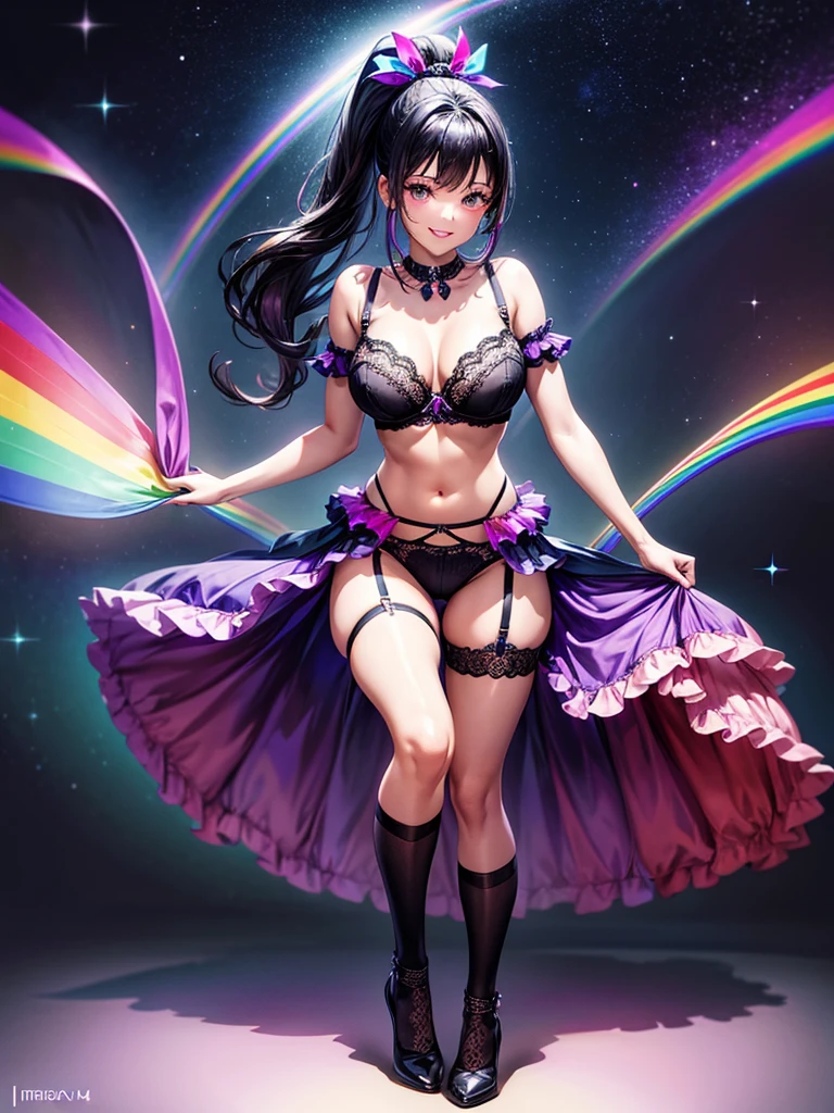 Highest quality,Highest Resolution,４K quality,Smiling beautiful girl,Full body close-up,Starry Eyes,Black hair ponytail,,Iridescent Bra,High leg,Rainbow garter belt,Rainbow colored knee-high stockings,Dark bedroom at night,Purple bedding,Iridescent underwear,Standing posture,