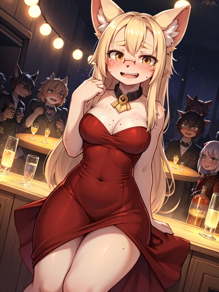 (ugly face female) , (Freckles on face:0.9) , Ugly expression , shy geek , perfect beautiful body , Too much exposed skin luxury party dress , clothed erotica