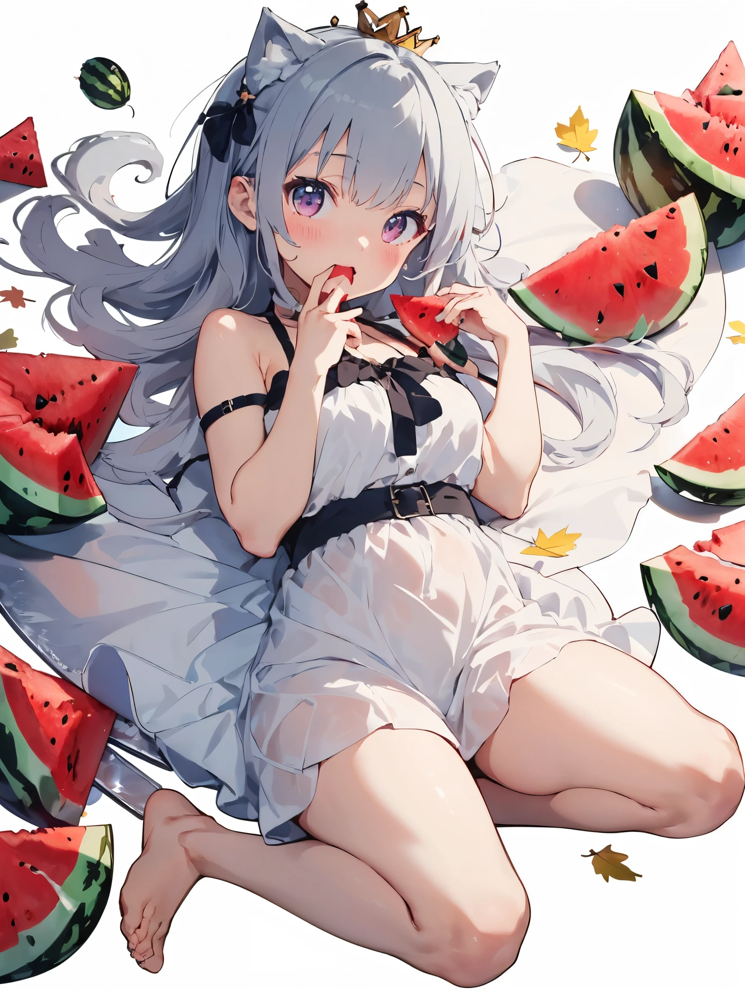 a bit:1.5.(White Background:1.3)::5],(Imide Shot:0.95),(whole body:1.25),
(Official Art:1.2),
//,
(fall:1.1),
(Fetal position:1.2),
From one finger to mouth,
Blushing your nose,shy,Open your mouth,cake,Mini Crown,(White thighs:1.3),
Raleigh,,Bandaged leg,barefoot,whole body,Light purple eyes,Cat ear,(watermelon, cake:1.2),
Gray Hair,Long Hair,Blunt bangs,White Dress,Deep neckline,Cross Halter Dress,Waistband,