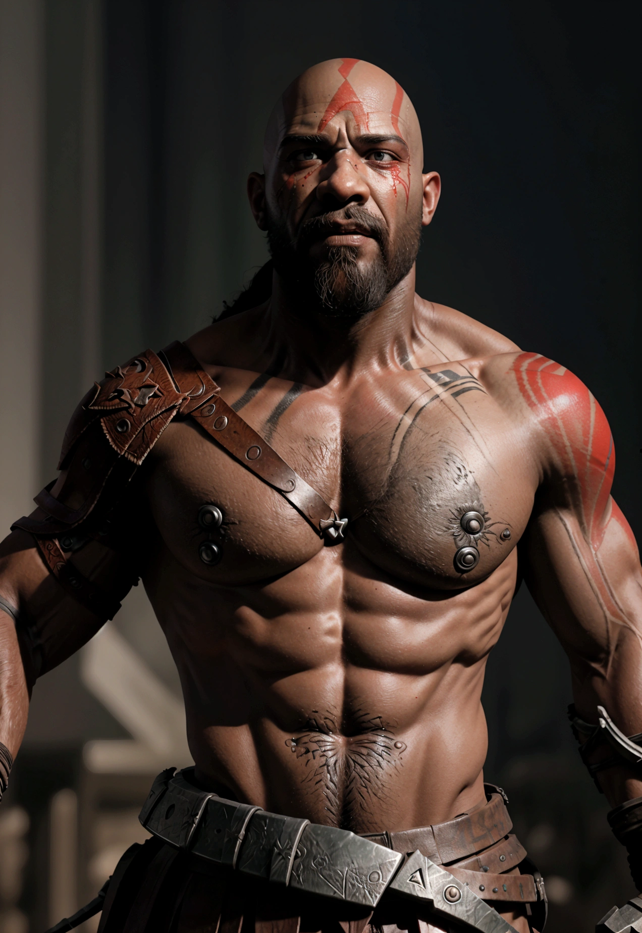 Create a Kratos realistic, full body portrait with black skin, beard only in his chin, very short dreads, using bloody blade of chaos, fury scream, high definition, realistic, in a battlefield (god of war) (kratos)