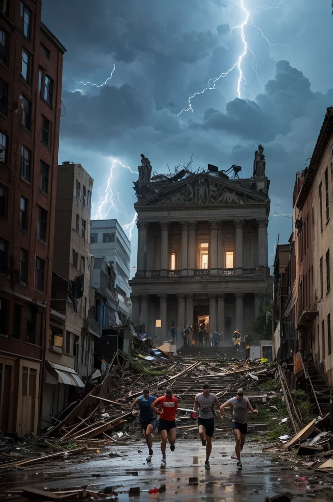 Panicked people running, great and terrible tornado full of lightning, behind the steps destroying the city, excellent photo capture, chilling work, apocalypto, end of world