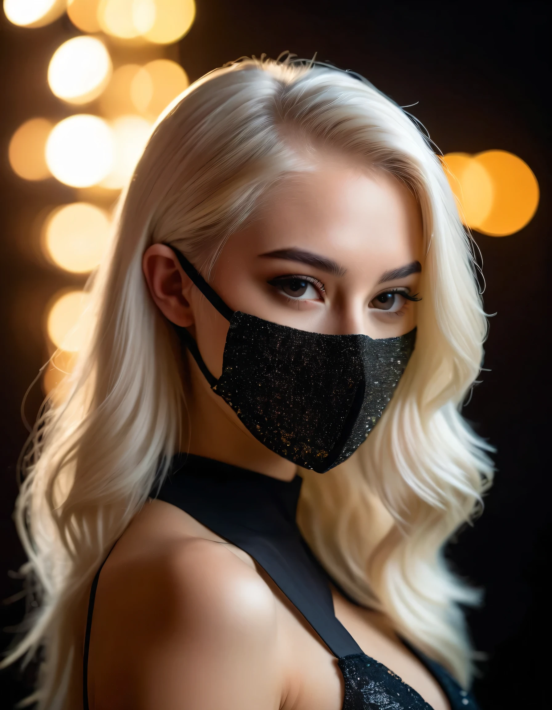 very attractive caucasian 25 year old girl with platinum blonde hair, Person wearing a mask that covers only the left side of the face, with cinematic lights. very realistic