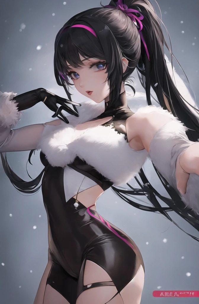 ((masterpiece)), (Highest quality), (detailed), One girl,
View your viewers, (lipstick:0.75), Dynamic pose、Long black hair, ponytail,
Colorful thighs,
winter, Vibrant colors,