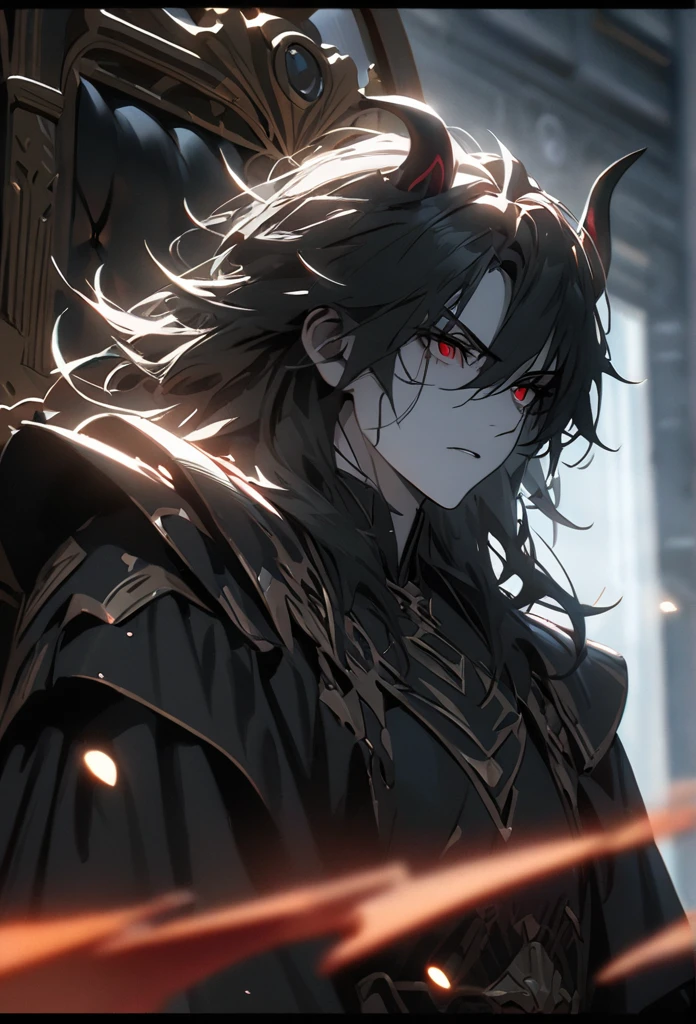 (solo), Demon lord, masculine, black hair, messy hair, mane hair, medium hair, A man bun with long hair, dense hair, wild hair, expressive hair, mature,(25 year old), pale skin, red eyes, ((man)), wearing a black robe, black armor, black demon horns,, serious, handsome, attractive, eye reflection, depth of field, thunder aura,cinematic lighting, ray tracing, depth of field, cinematic lighting, ray tracing, UHD, high details, best quality, highres, high quality, award winning, super detail, masterpiece, 8k, UHD, high details, best quality, highres, high quality, award winning, super detail, masterpiece, 8k, digital art, anime coloring, full body, body shot, good face, perfect face, detailed face, good eyes, sitting on a throne