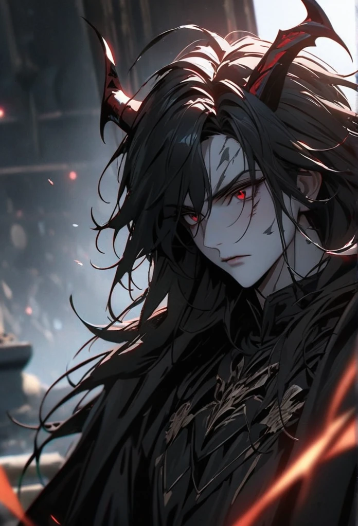 (solo), Demon lord, masculine, black hair, messy hair, mane hair, medium hair, A man bun with long hair, dense hair, wild hair, expressive hair, mature,(25 year old), pale skin, red eyes, ((man)), wearing a black robe, black armor, black demon horns,, serious, handsome, attractive, eye reflection, depth of field, thunder aura,cinematic lighting, ray tracing, depth of field, cinematic lighting, ray tracing, UHD, high details, best quality, highres, high quality, award winning, super detail, masterpiece, 8k, UHD, high details, best quality, highres, high quality, award winning, super detail, masterpiece, 8k, digital art, anime coloring, full body, body shot, good face, perfect face, detailed face, good eyes, sitting on a throne