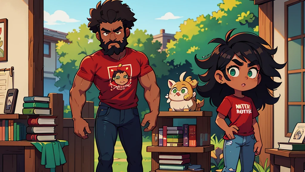 ultra hd, man with a black afro hair style, rectangular face with a strong brow, full lips, full beard, green eyes, mocha skin tone, wearing a red t shirt and jeans with sneakers, standing holding a book in his hand