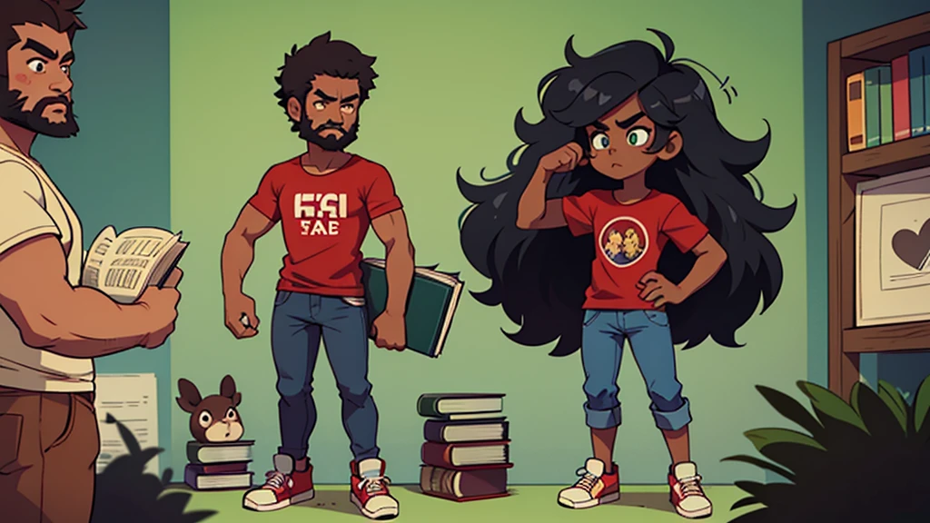 ultra hd, man with a black afro hair style, rectangular face with a strong brow, full lips, full beard, green eyes, mocha skin tone, wearing a red t shirt and jeans with sneakers, standing holding a book in his hand