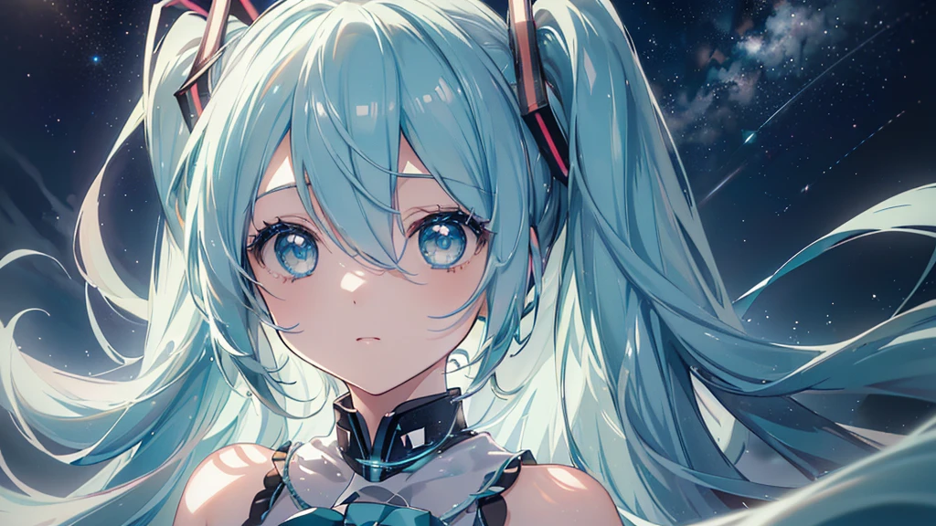 (Starry Sky), ((Beautiful eyes)), (((Hatsune Miku))), (((Highest quality、masterpiece、Ultra-fine、Ultra-fine、Exquisite、16K、Full HD,))) 、Long eyelashes、White skin、(thin and long)、 ((cute)) ((One person)),Zoom out,(A magnificent composition、epic proportion)、Dynamic lighting