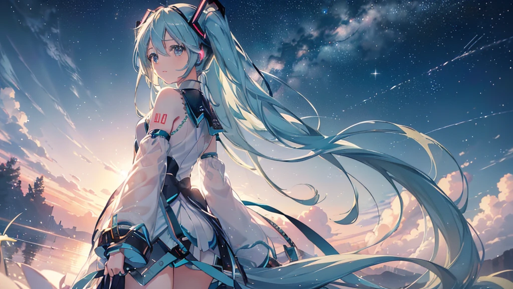 (Starry Sky), ((Beautiful eyes)), (((Hatsune Miku))), (((Highest quality、masterpiece、Ultra-fine、Ultra-fine、Exquisite、16K、Full HD,))) 、Long eyelashes、White skin、(thin and long)、 ((cute)) ((One person)),Zoom out,(A magnificent composition、epic proportion)、Dynamic lighting