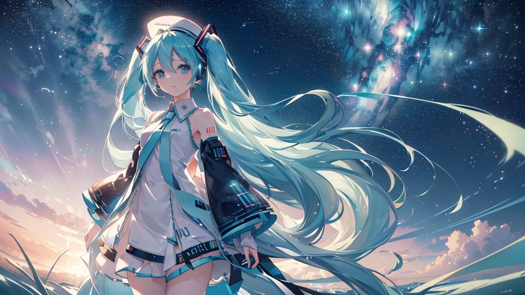 (Starry Sky), ((Beautiful eyes)), (((Hatsune Miku))), (((Highest quality、masterpiece、Ultra-fine、Ultra-fine、Exquisite、16K、Full HD,))) 、Long eyelashes、White skin、(thin and long)、 ((cute)) ((One person)),Zoom out,(A magnificent composition、epic proportion)、Dynamic lighting