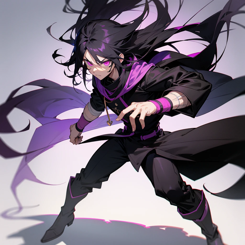 male boku no hero animation, with long black hair and the tips dyed pink, purple eyes, Wear black hooded jacket with a white scarf, black pants and brown boots, rings and necklace, serious and cold personality but surprised, fighting stance using his shadow power, White background, full slim body.