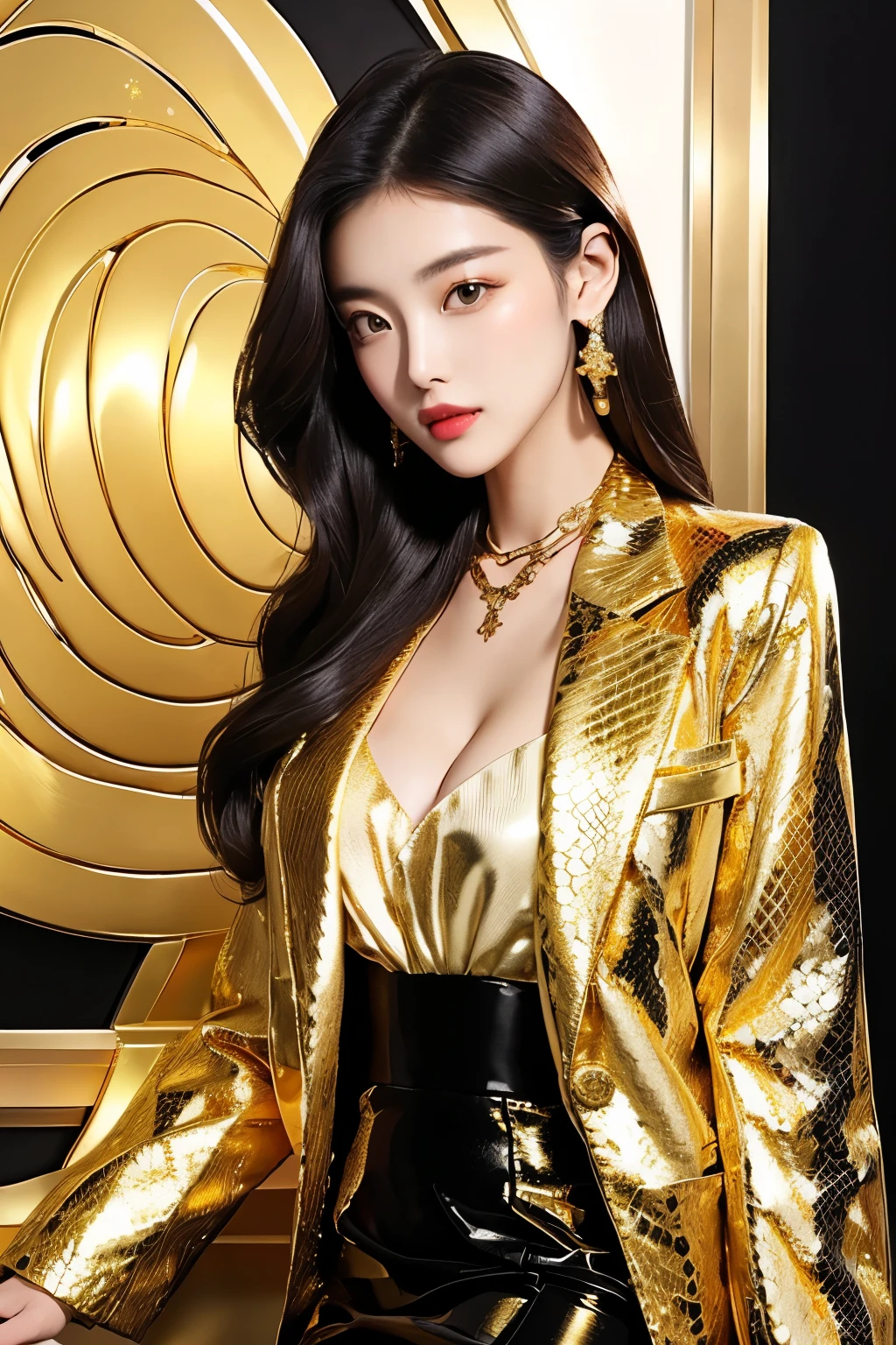 Beautiful woman taking pictures wearing gold jacket and black skirt, Gold Suit, gold clothes, Shiny gold, wearing a colorful jacket, in a Gold Suit, wearing a jacket and skirt, Shiny golden, Wearing a fashion suit, Gold Suit jacket in snake print, gilded clothes, Korean female fashion model