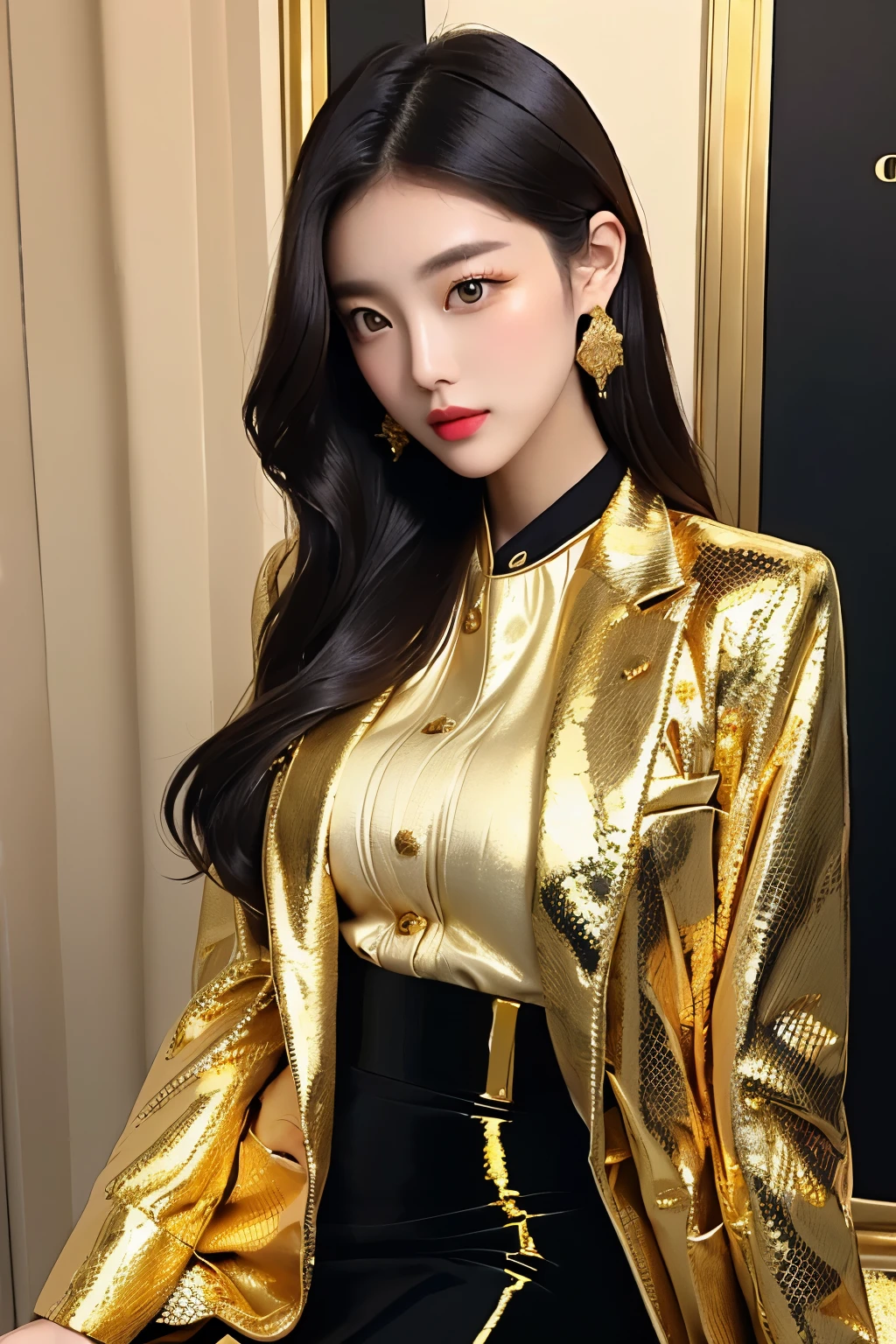 Beautiful woman taking pictures wearing gold jacket and black skirt, Gold Suit, gold clothes, Shiny gold, wearing a colorful jacket, in a Gold Suit, wearing a jacket and skirt, Shiny golden, Wearing a fashion suit, Gold Suit jacket in snake print, gilded clothes, Korean female fashion model