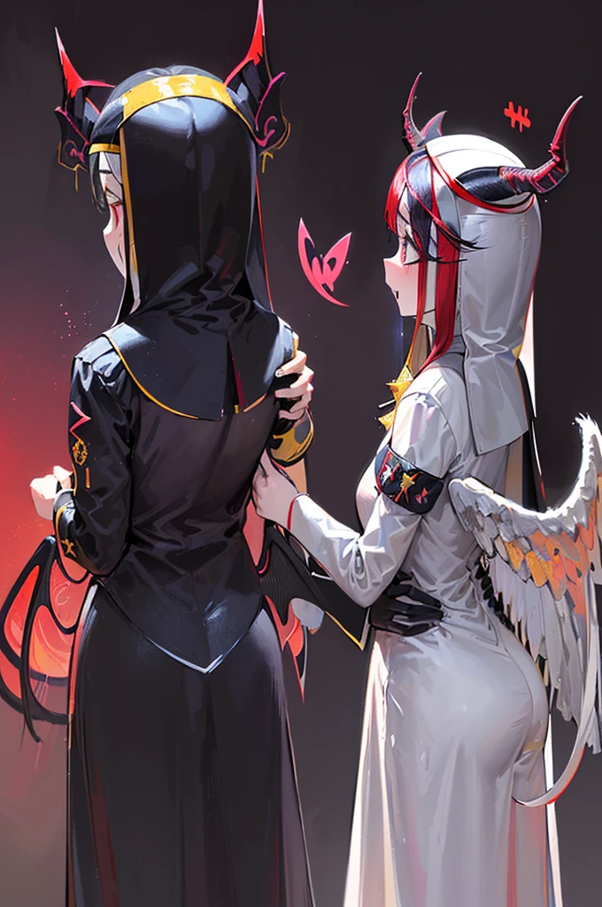 best quality people,work of art,final solution,cuddly,非常にcolorfullyな,colorfully,holy,silver long hair,Crespo,mature woman,good,(nun dress:1.3),(((nun:1.3),(angel with a pair of wings on his back:1.3),(devil with a pair of horns:1.3),3 characters)),cathedral,sanctuary,Normal posture