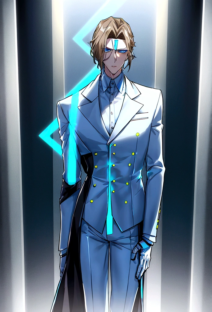 (masculine) (23 years) (a tall, slender young man with a muscular and toned body, His hair is light brown and is messy, covering his forehead., His eyes are blue and his skin is light-skinned..) (robotic body, fitted white suit with neon light blue details) (laboratory background)