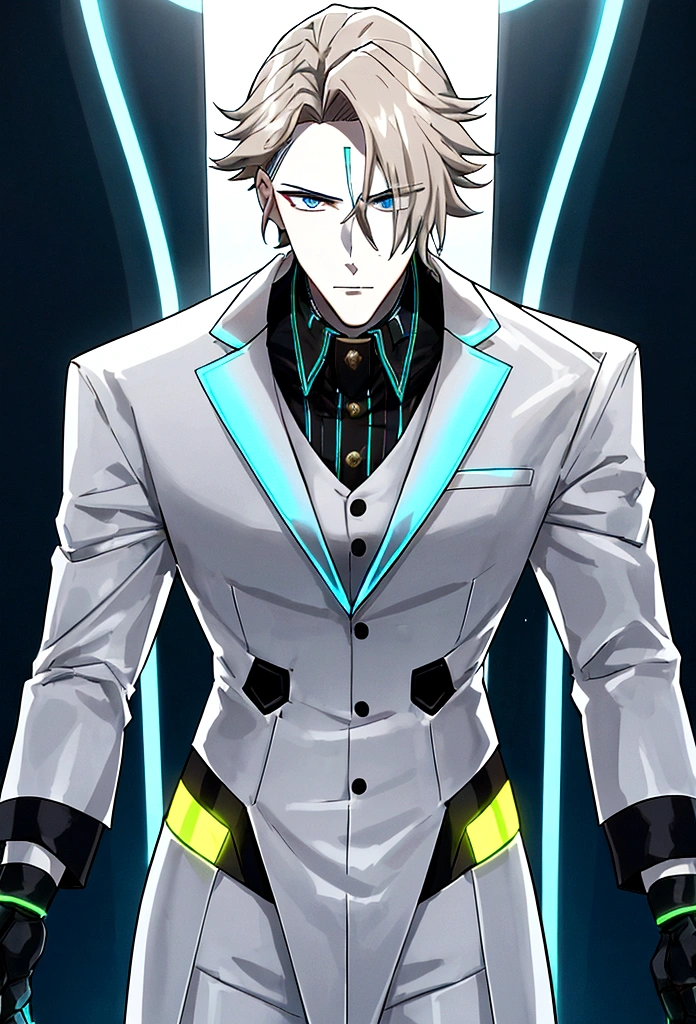 (masculine) (23 years) (a tall, slender young man with a muscular and toned body, His hair is light brown and is messy, covering his forehead., His eyes are blue and his skin is light-skinned..) (robotic body,  fitted white suit with neon light blue details) (laboratory background)