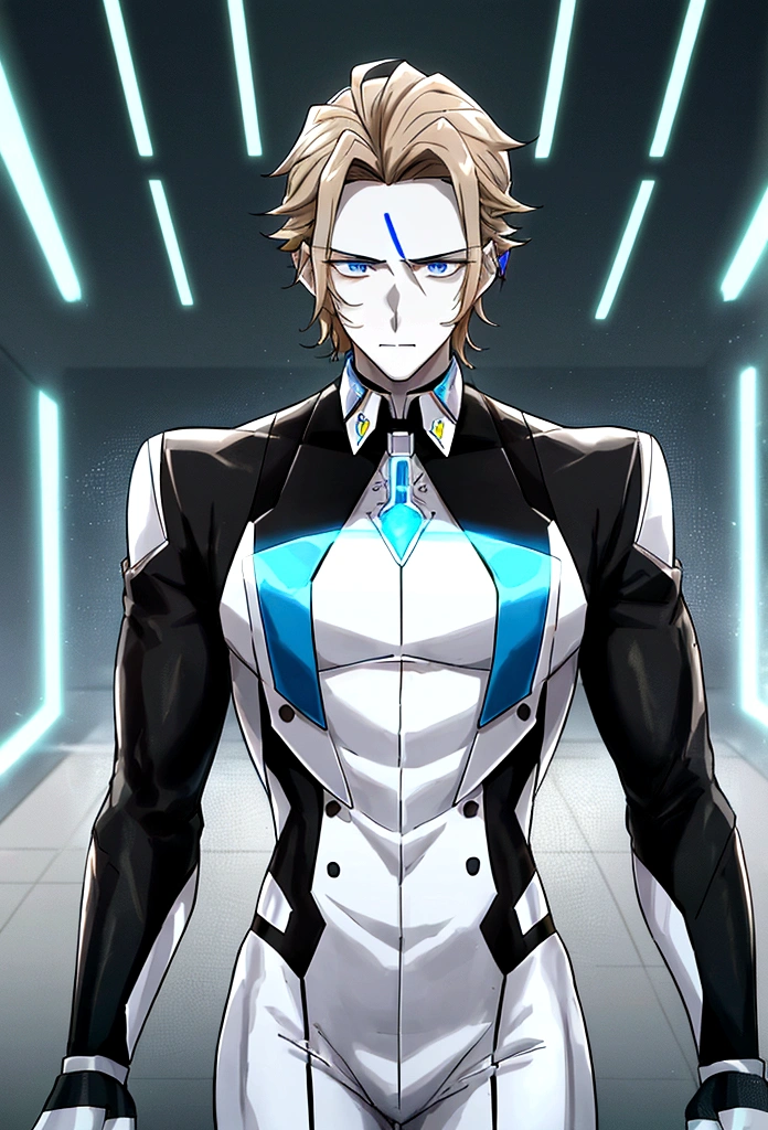 (masculine) (23 years) (a tall, slender young man with a muscular and toned body, His hair is light brown and is messy, covering his forehead., His eyes are blue and his skin is light-skinned..) (robotic body,  fitted white suit with neon light blue details) (laboratory background)