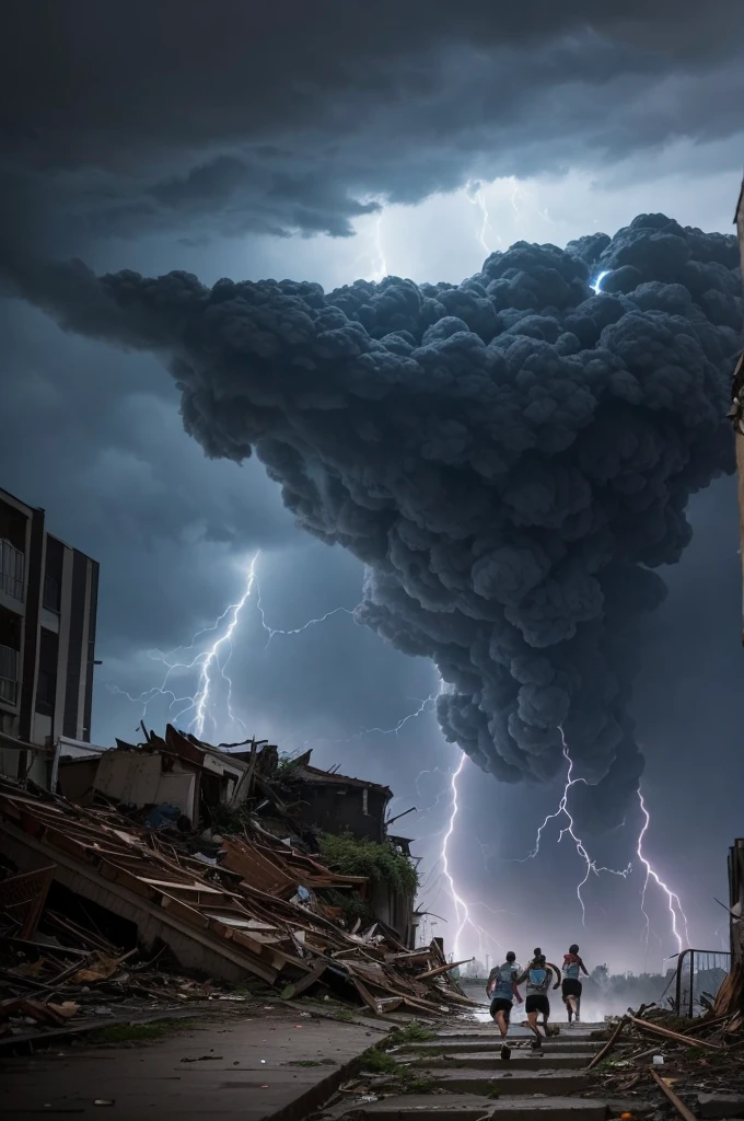 Panicked people running, great and terrible tornado full of lightning, behind the steps destroying the city, excellent photo capture, chilling work, apocalypto, end of world