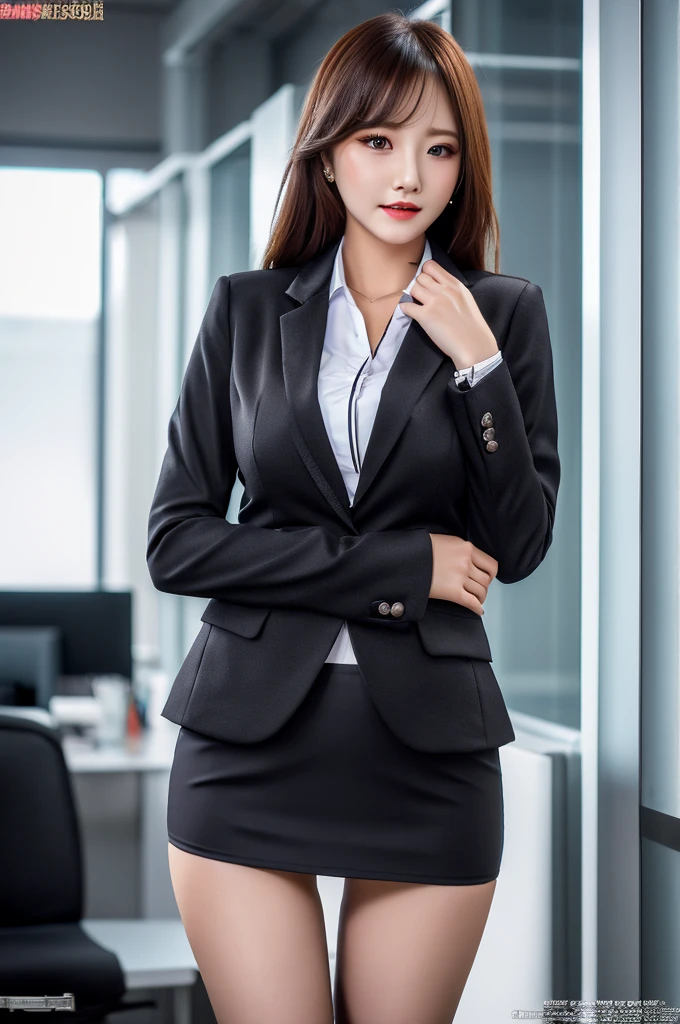 female, blazer is firmly worn on formal shirt which is covering whole upper body of a female, short skirt is barely covering panties which is worn on female vagina between bare legs, bare thighs, standing,  in the office, nsfw, best quality, highly detailed, masterpiece, ultra high res, photo realistic, 8k