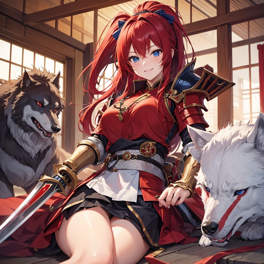 (masterpiece)、high resolution、21-year-old beauty female knight in red armor、Red hair in a ponytail、blue eyes、An inappropriate smile、Holding a Japanese sword、With a big wolf by his side。