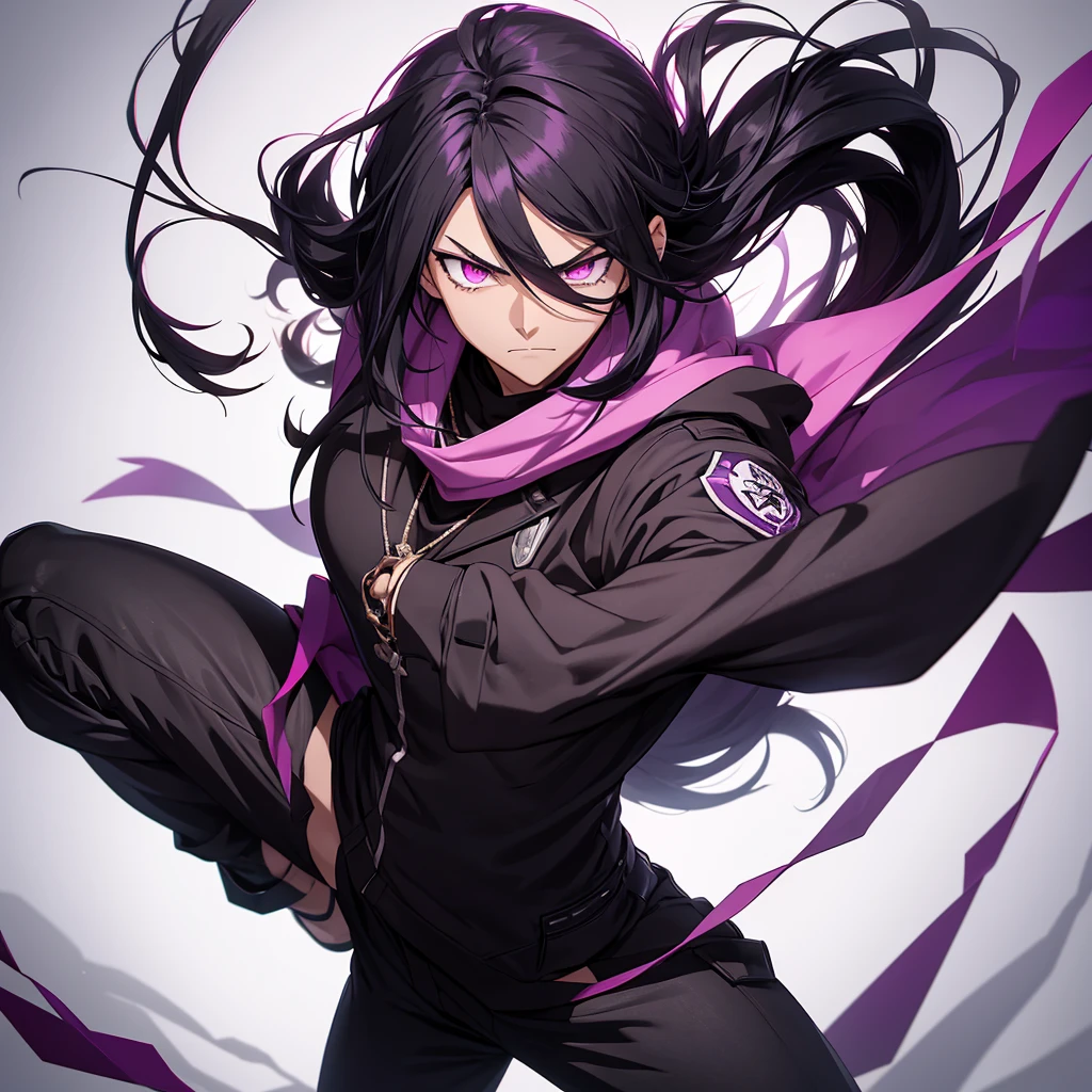 male boku no hero animation, with long black hair and the tips dyed pink, purple eyes, Wear black hooded jacket with a white scarf, black pants and brown boots, rings and necklace, serious and cold personality but surprised, fighting stance using his shadow power, White background, full slim body.