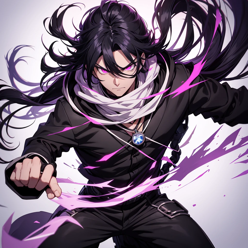 male boku no hero animation, with long black hair and the tips dyed pink, purple eyes, Wear black hooded jacket with a white scarf, black pants and brown boots, rings and necklace, serious and cold personality but surprised, fighting stance using his shadow power, White background, full slim body.