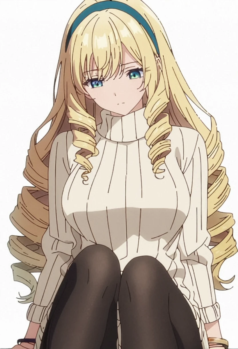 masterpiece, best quality, screencap, 1girl, solo, blonde hair, long hair, curly hair, drill hair, blue hairband, sweater dress, ribbed sweater, golden corners, bracelet, jewellery, black pantyhose, adult, large breasts, white background, empty look, close up, sitting