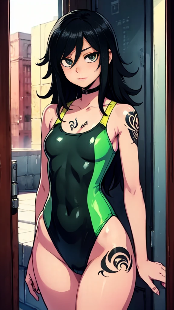 masterpiece, best quality, 1girl, ((young girl)), shiny skin, (thin waist), ((curvy)), ((wide hips)), ((small size)), hot, soft natural lighting, reflections, bright illuminations, upper body, (((sexy Swimsuit))), (((tatoo on thigh))) navel, big long black hair, tomoko, sexy, slim figure, Detailed green eyes, Detailed face, Detailed eyes, tomoko kuroki, watamote