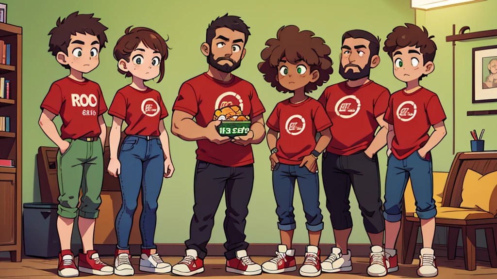 ultra hd, chibi, one man with light mocha skin, dark afro hair and full beard, green eyes, wearing a red shirt and jeans with red sneakers, standing