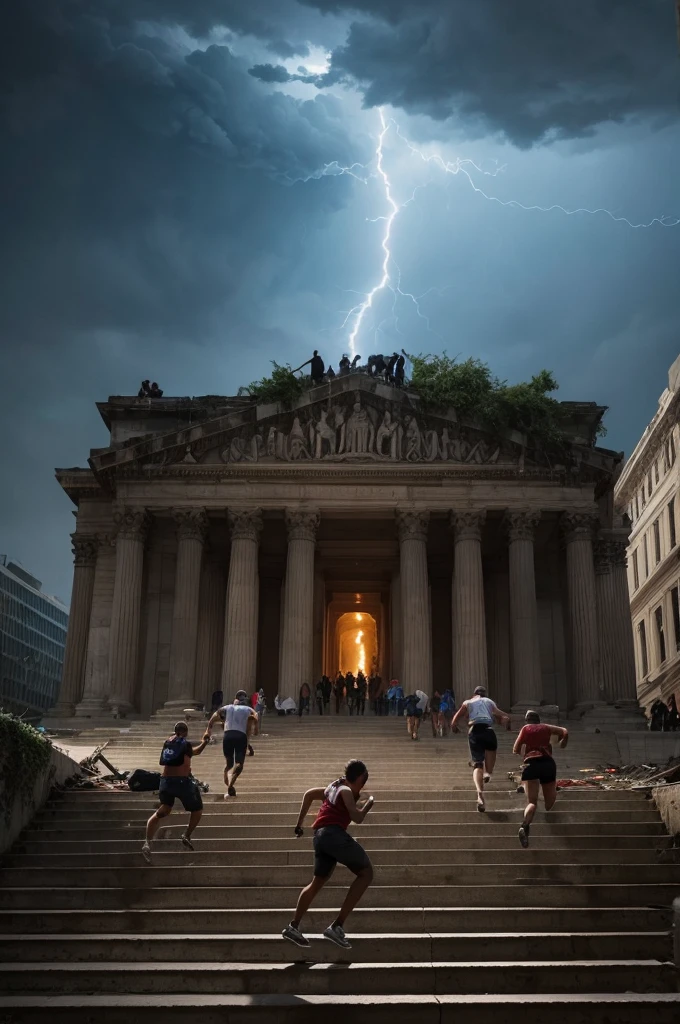 ((best quality)), ((masterpiece)), (detailed), perfect face, Panicked people running, great and terrible tornado full of lightning, behind the steps destroying the city, excellent photo capture, chilling work, apocalypto, end of world