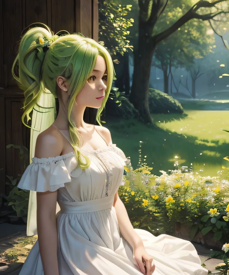 4K,masterpiece,Highest quality,Fairy,flower,Yellow-green hair,ponytail,Girl,White Dress,front