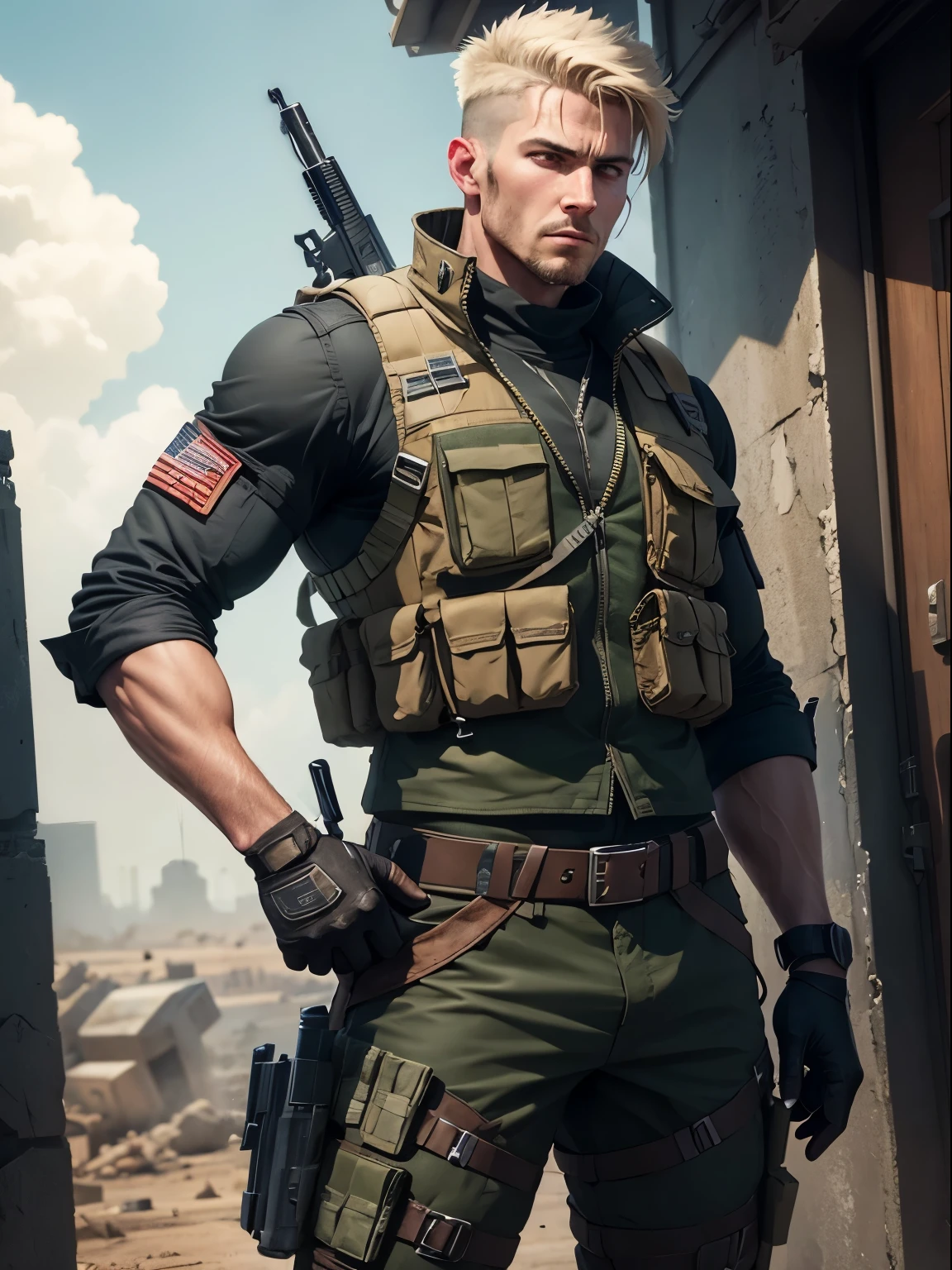 mercenary, male focus, load-bearing vest, ammunition belt, Dangerous atmosphere, warzone, free hands