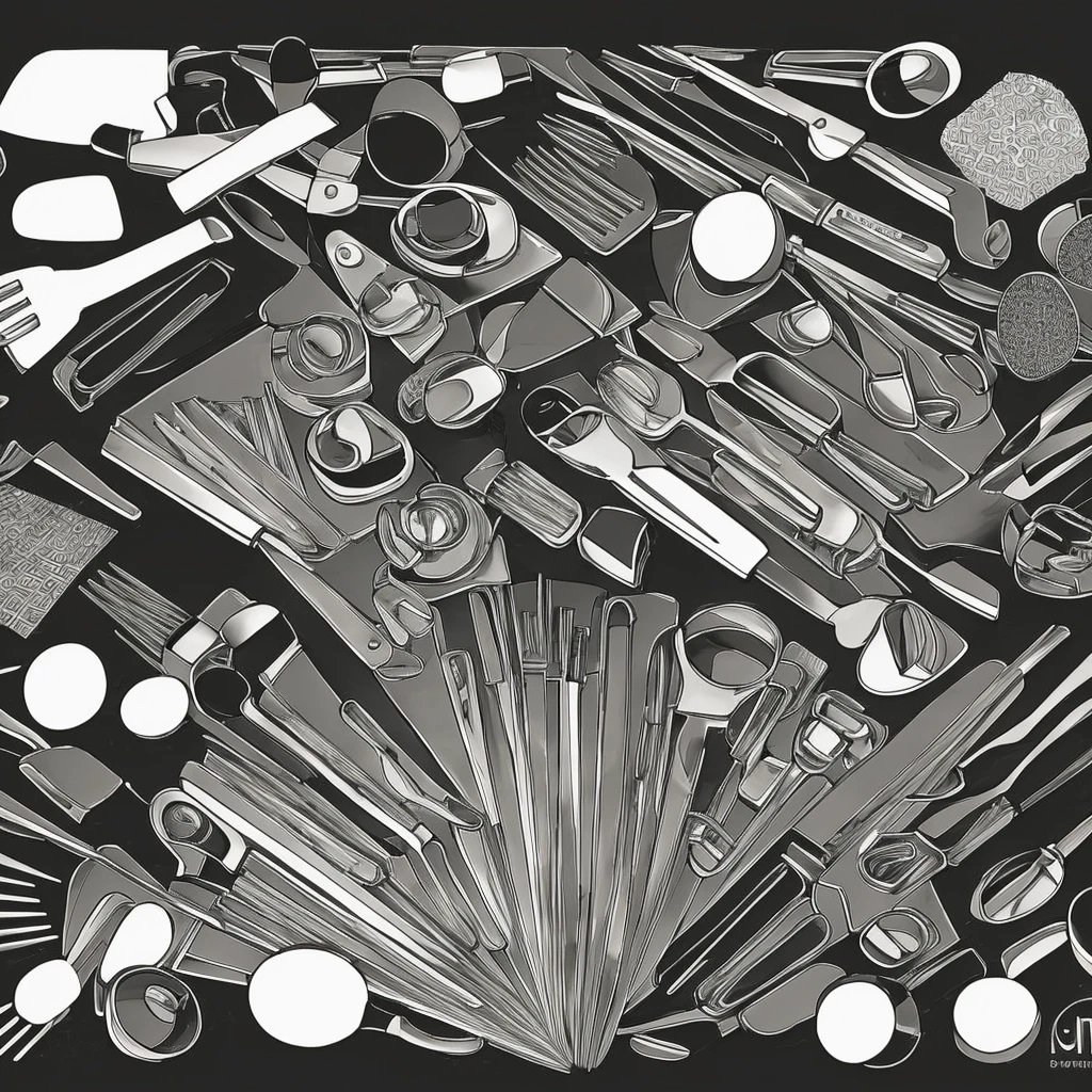 Minimalist clipart style texture in black and white and gold and silver with 50 small drawings of kitchen utensils and healthy foods that go in the oven. The words "Santo" and "Hilário - MG" are also repeated in the texture a few times, always close to each other.
