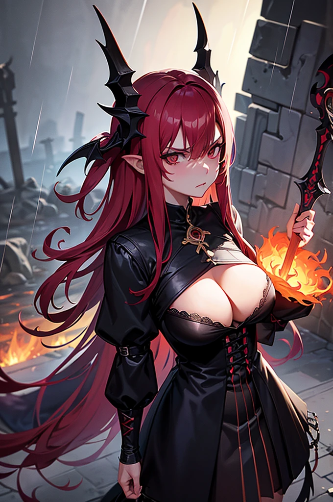 CovenSL, Ablaze, magie, mask, NinymGP, hair ornament, best qualityer, work of art, high resolution,breasts big,look of hatred,raining in the background,holding an iron sword,on top of a Dragon