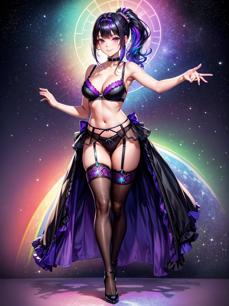 Highest quality,Highest Resolution,4K quality,Smiling beautiful girl,Full body close-up,Starry Eyes,Black hair ponytail,,Iridescent Bra,High leg,Rainbow garter belt,Rainbow colored knee-high stockings,Dark bedroom at night,Purple bedding,Iridescent underwear,Standing posture,