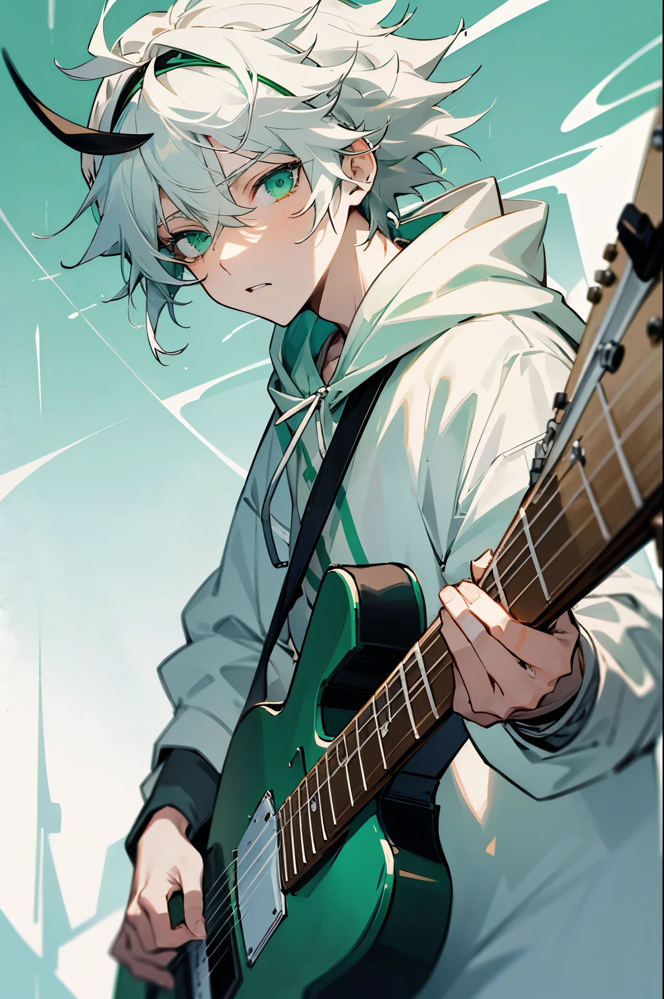 1male , White Headband , Whitish Pale Blue Messy Hair , Green Eyes , White Hoodie , Holding a White Guitar , Green Horns , Calm Expression 