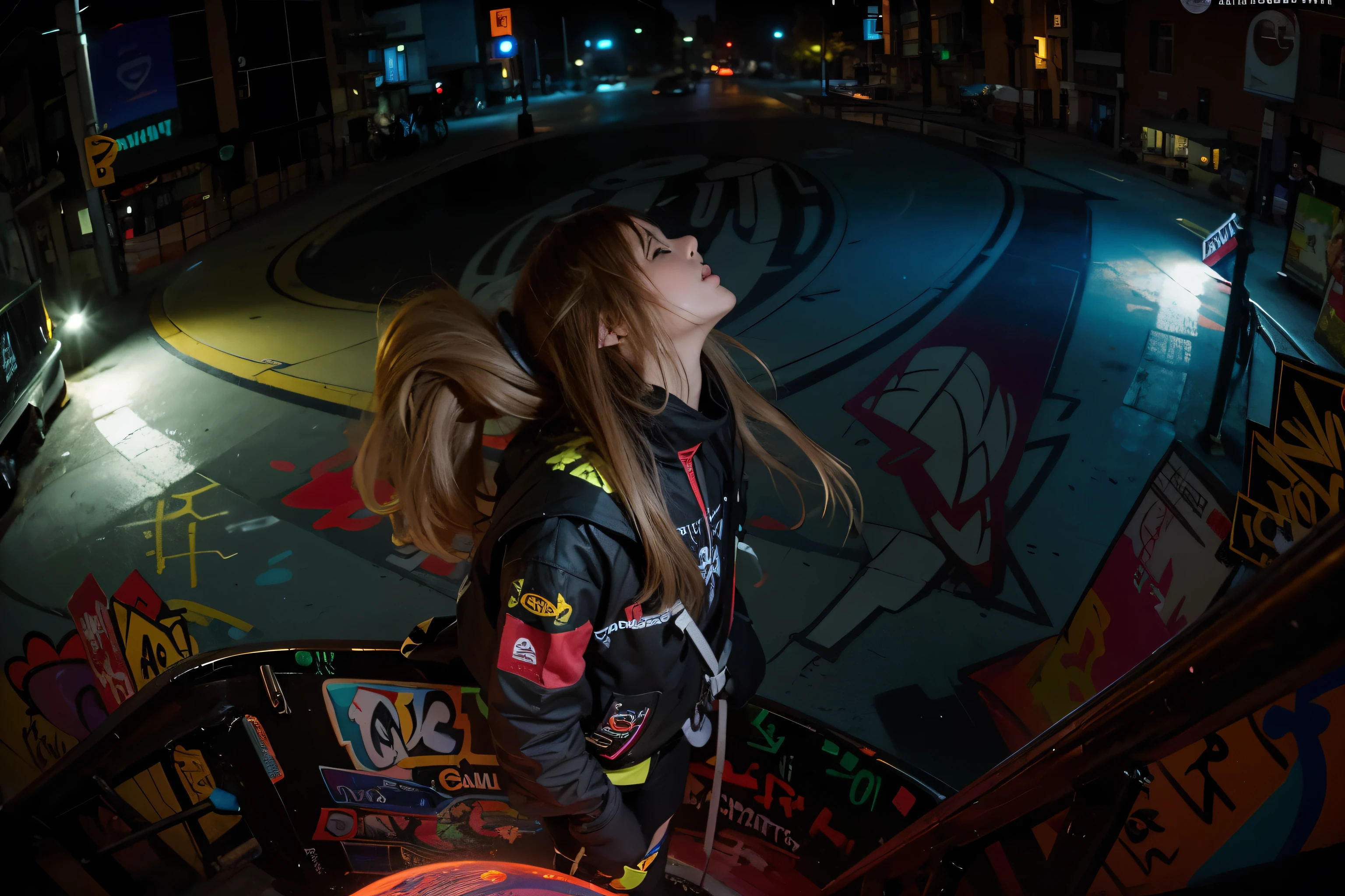 (Best quality, 8k, 32k, Masterpiece, UHD:1.2), "Transform the scene to feature two characters standing on a vibrant, creative ground covered with colorful graffiti. The ground beneath their feet is a canvas of dynamic street art, showcasing an explosion of colors, abstract designs, and intricate patterns. The graffiti is a mix of bold, swirling lines, vibrant splashes of paint, and detailed illustrations that convey a sense of urban culture and artistic expression.
The characters are positioned centrally, their presence highlighted by the vivid backdrop of the graffiti. The colors of the graffiti reflect off their clothing and faces, creating a lively and energetic atmosphere. Their expressions and stances should convey a sense of awe and appreciation for the art beneath them, as if they are part of the creative landscape.
The surrounding environment is urban, perhaps the setting of an open plaza or a wide alleyway, where the ground art extends in all directions. Capture the contrast between the static nature of the characters and the dynamic, fluid feel of the graffiti. The scene should evoke a sense of creativity and the blending of human presence with artistic expression, highlighting the beauty and spontaneity of street art." ((looking up)) ((seeing down))