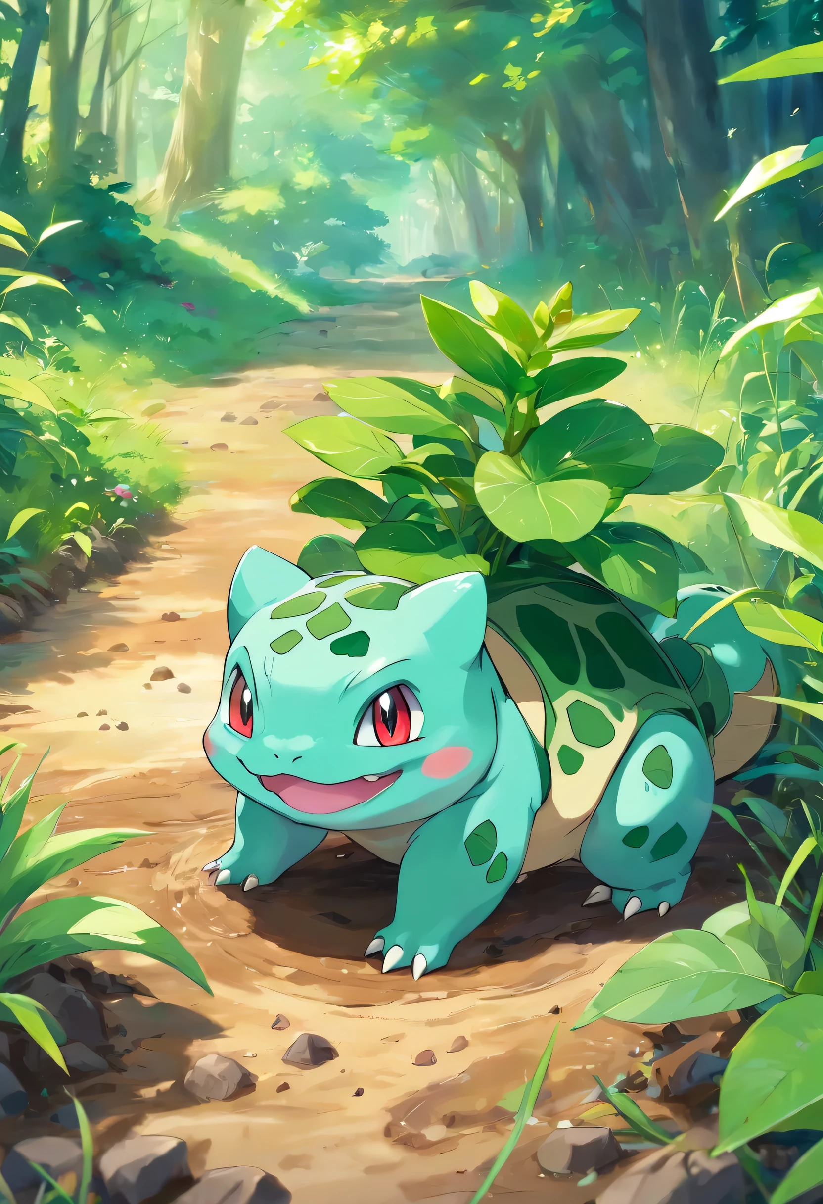 Bulbasaur Pokémon with large paws that could dig up a good amount of earth that could be used to make mud pies, in the middle of the forest, landscape green coloration.