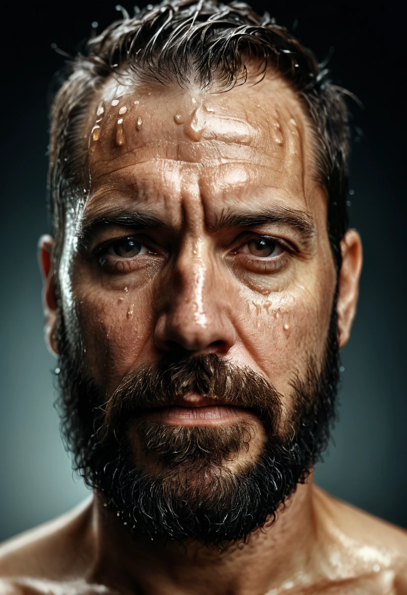 A documentary Photography of a captivating portrait of a 43 years old bearded man,rain drop,amazing skin details. Three-Quarter View, shot with Canon EOS 5D, (Cinematic Lighting,:1.3), golden ratio,art by Alberto Seveso, photorealistic, professional, RAW Photo, ultra detailed, RAW imagery, 8K, DSLR allure, meticulous detail, emotional, harmonious, 